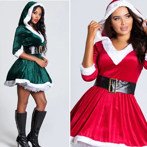 Santa’s Baby Mrs. Claus Plush Mini Dress 2-PC Costume in Green - Picture 3 of 9